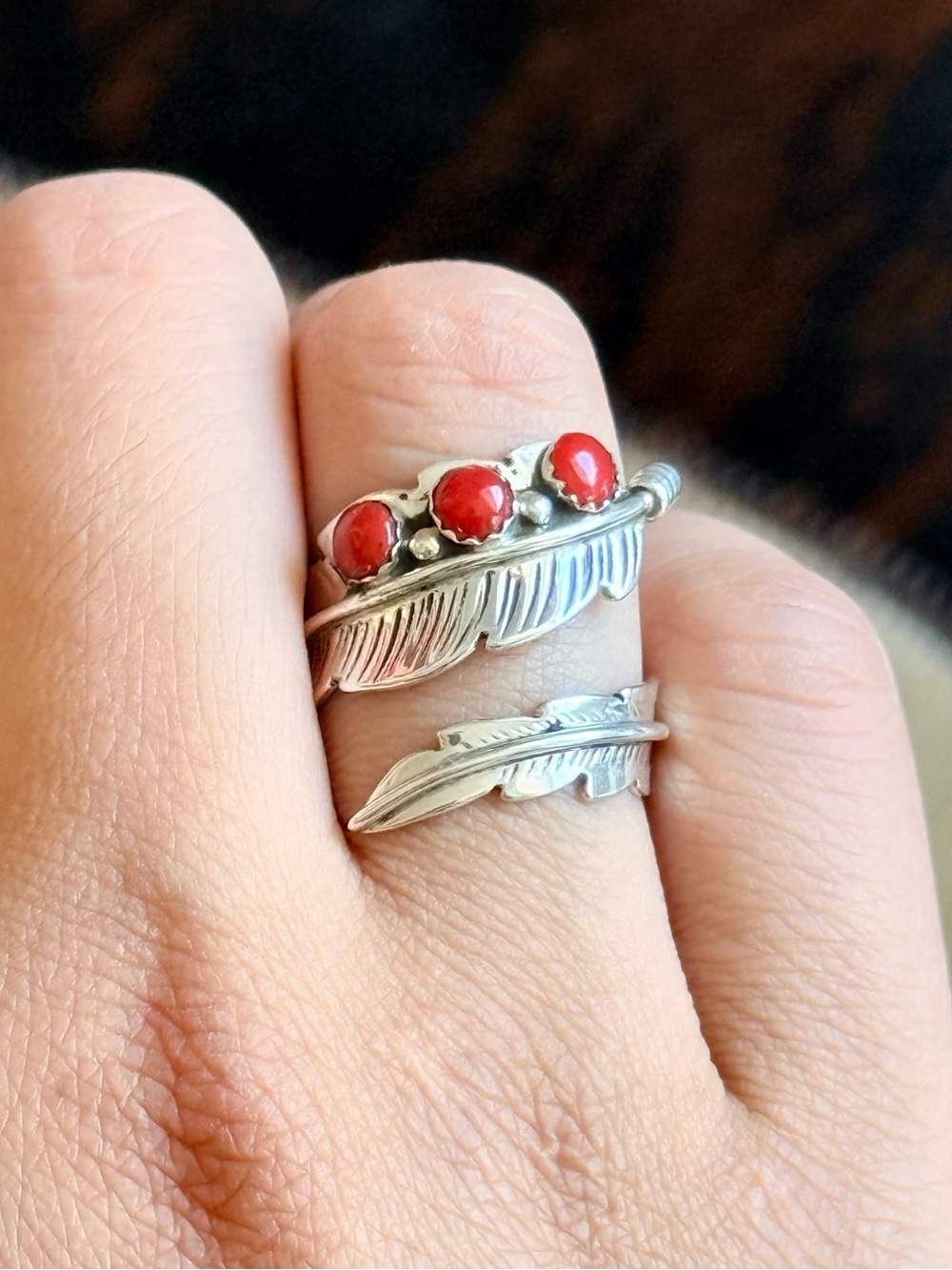 Signed San Felipe Pueblo Coral Feather Ring Sterling Silver Native American